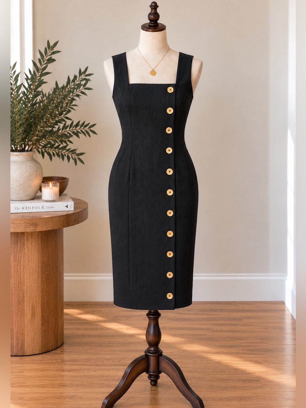 Calvin Klein Black Gold Button Sheath Dress Size 2 Office Siren Corporate Chic